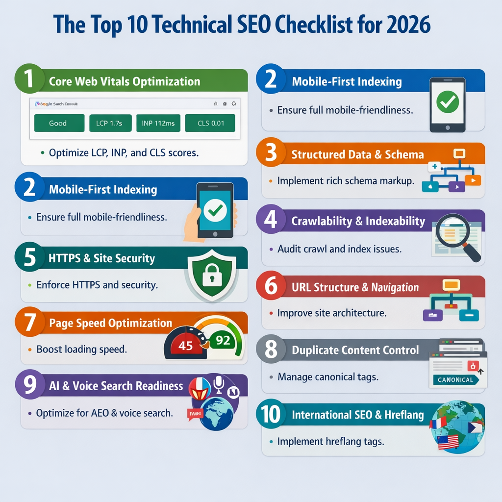 Technical SEO checklist for 2026 infographic showing Core Web Vitals, mobile-first indexing, schema markup, crawlability, page speed, HTTPS security, URL structure, duplicate content control, AI SEO, and hreflang optimization