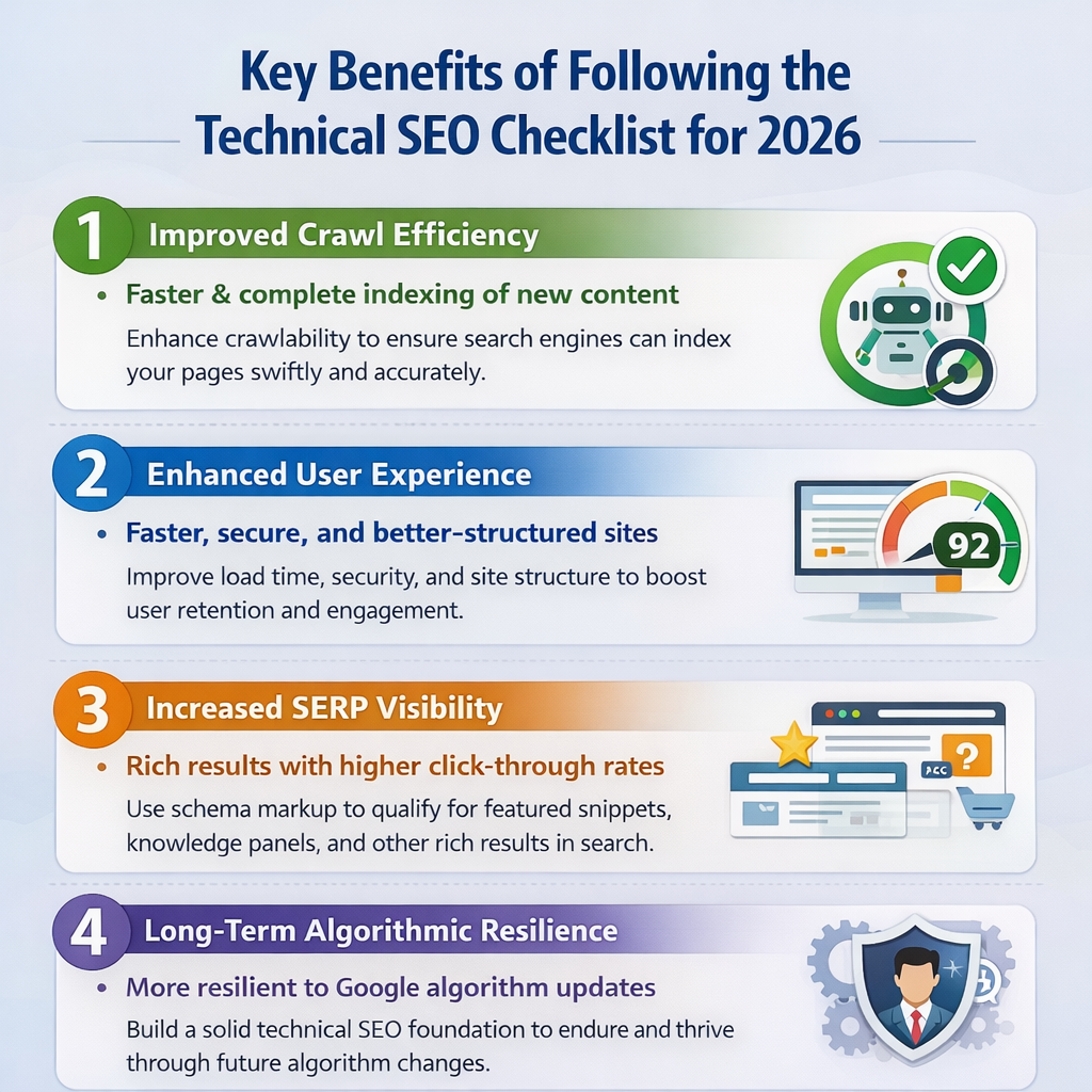 Technical SEO benefits infographic showing improved crawl efficiency, enhanced user experience, increased SERP visibility, and long-term algorithm resilience for SEO in 2026