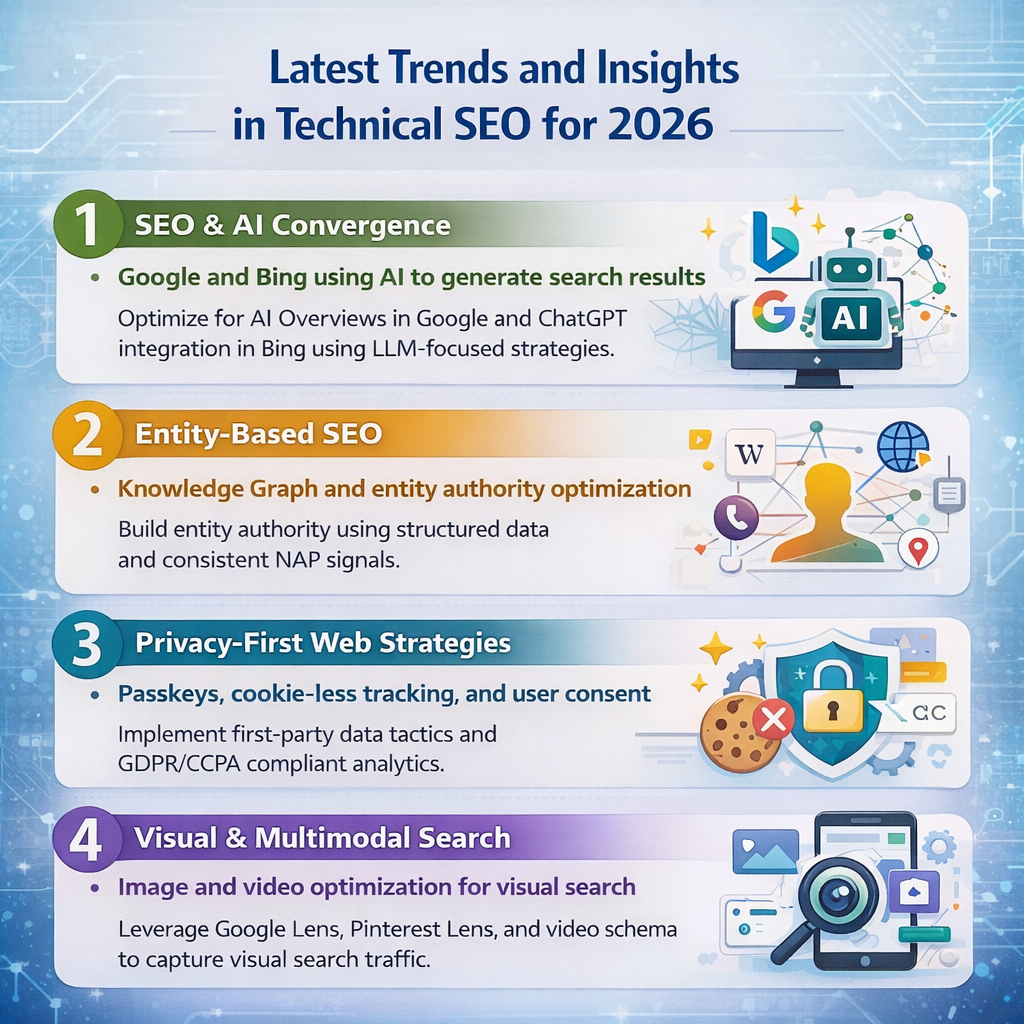 Technical SEO trends 2026 infographic showing AI SEO convergence, entity-based SEO, privacy-first web strategies, and visual multimodal search optimization