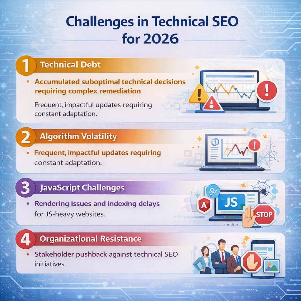 Technical SEO challenges infographic for 2026 showing technical debt, algorithm updates, JavaScript SEO issues, organizational resistance, and large website scalability challenges