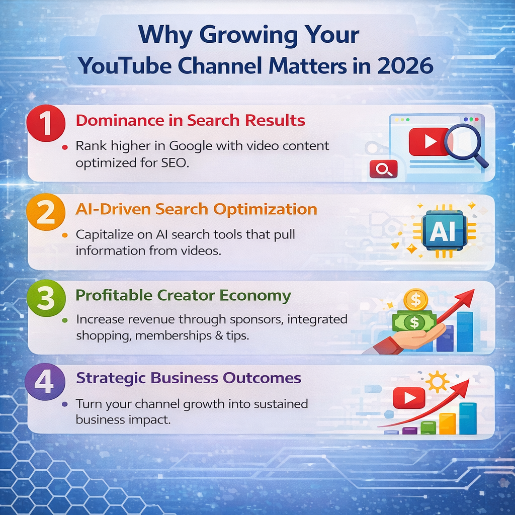 Why growing your YouTube channel matters in 2026 infographic showing SEO benefits, AI search optimization, creator economy monetization, and business growth