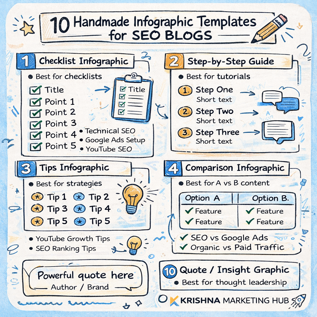 10 handmade infographic templates for SEO blogs including checklist, step guide, tips, comparison, and quote graphics