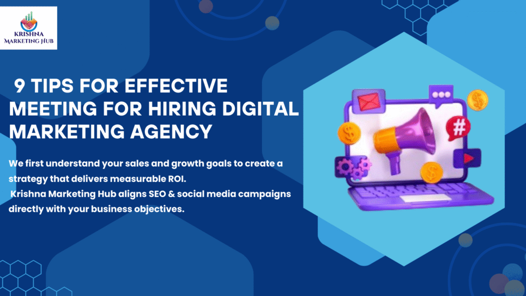 Illustration showing tips for effective meetings before hiring a digital marketing agency with marketing icons and laptop.