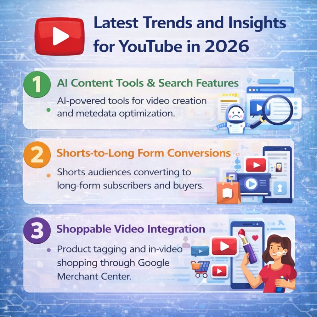 Latest YouTube trends in 2026 infographic showing AI video tools, YouTube Shorts growth, podcast integration, and shoppable video features
