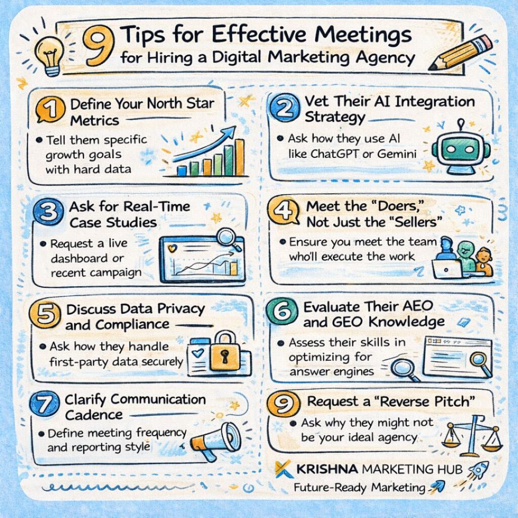 9 tips for effective meetings when hiring a digital marketing agency including AI strategy, case studies, data privacy, and AEO knowledge