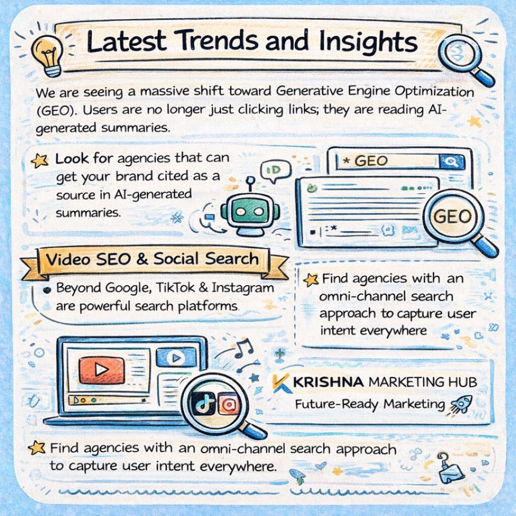 Latest SEO trends infographic showing Generative Engine Optimization, AI search summaries, video SEO, and social search platforms like TikTok and Instagram