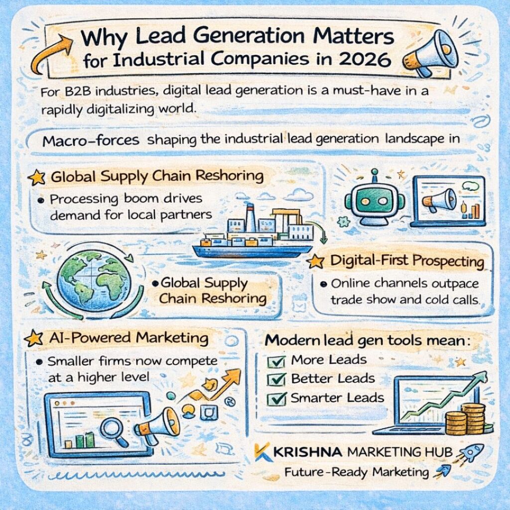 Why lead generation matters for industrial companies in 2026 infographic showing digital B2B marketing, AI tools, and supply chain reshoring