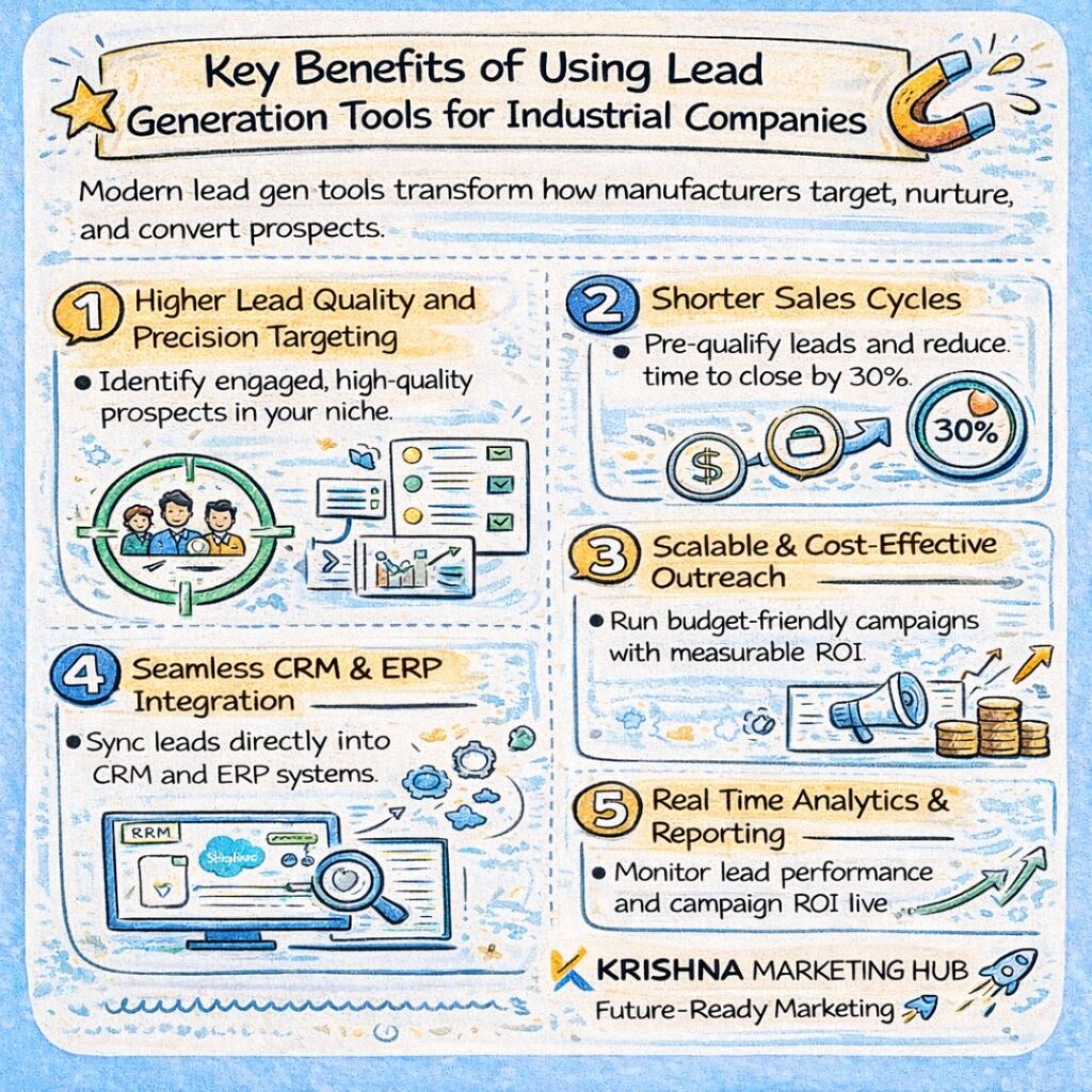 Key benefits of lead generation tools for industrial companies including precision targeting, shorter sales cycles, CRM integration, and real-time analytics