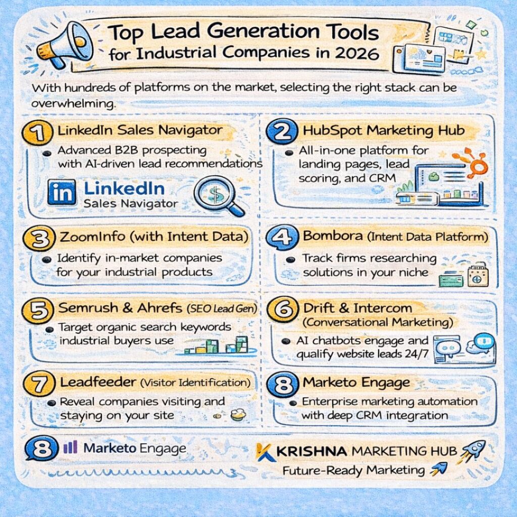 Top lead generation tools for industrial companies in 2026 including LinkedIn Sales Navigator, HubSpot, ZoomInfo, Bombora, Semrush, Drift, Leadfeeder, and Marketo