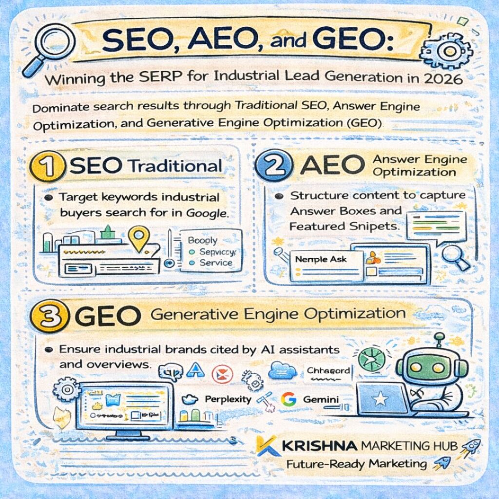 SEO, AEO and GEO strategies for industrial lead generation in 2026 showing search ranking, AI answer engines, and generative search optimization