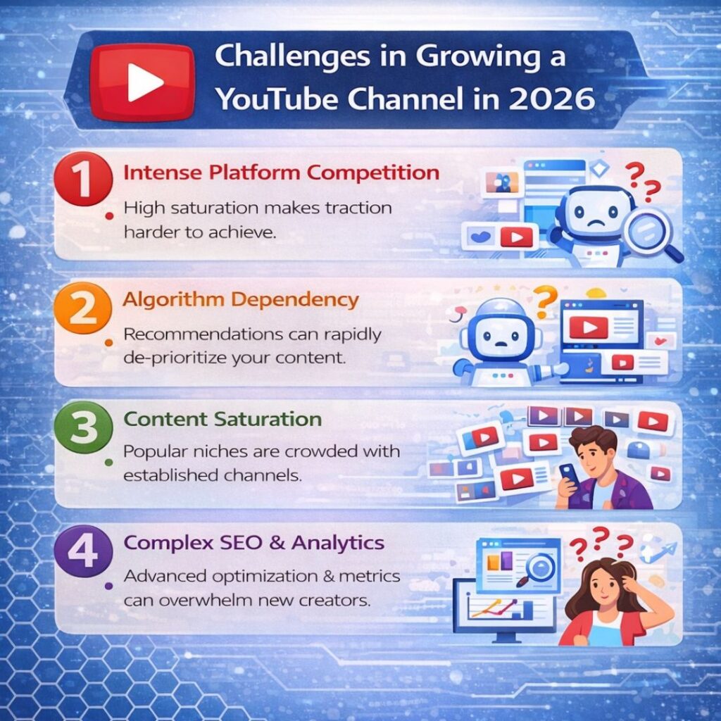 Challenges in growing a YouTube channel in 2026 infographic showing competition, algorithm dependency, niche saturation, and SEO analytics complexity