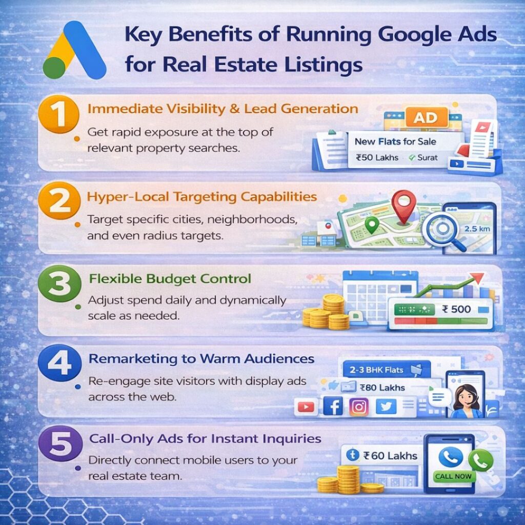 Key benefits of running Google Ads for real estate listings including lead generation, local targeting, flexible budgets, remarketing, and call-only ads