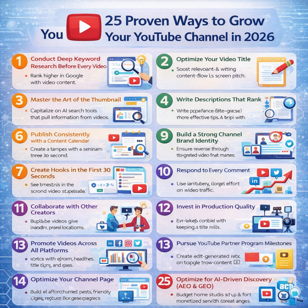 25 proven ways to grow your YouTube channel in 2026 infographic showing SEO, thumbnails, analytics, collaborations, and AI discovery strategies