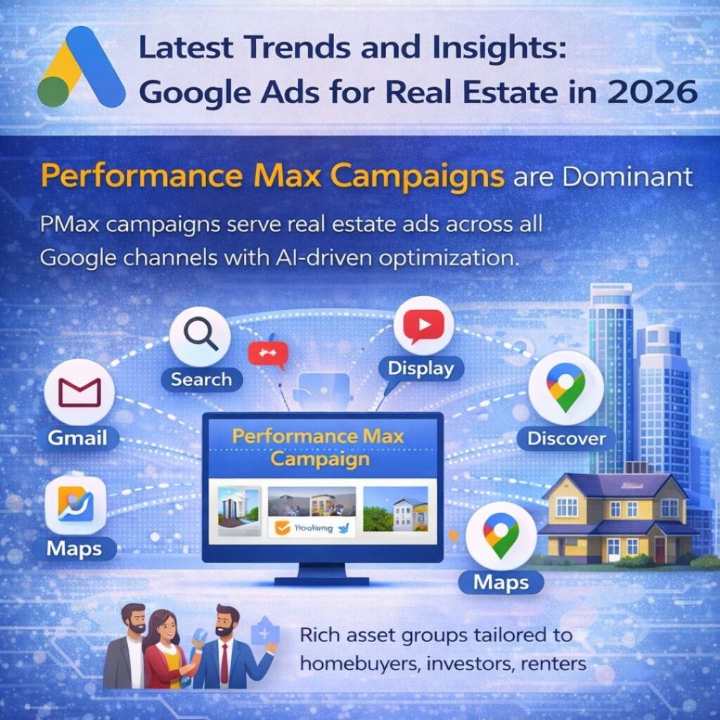 Latest Google Ads trends for real estate in 2026 infographic showing Performance Max campaigns and AI-driven property advertising