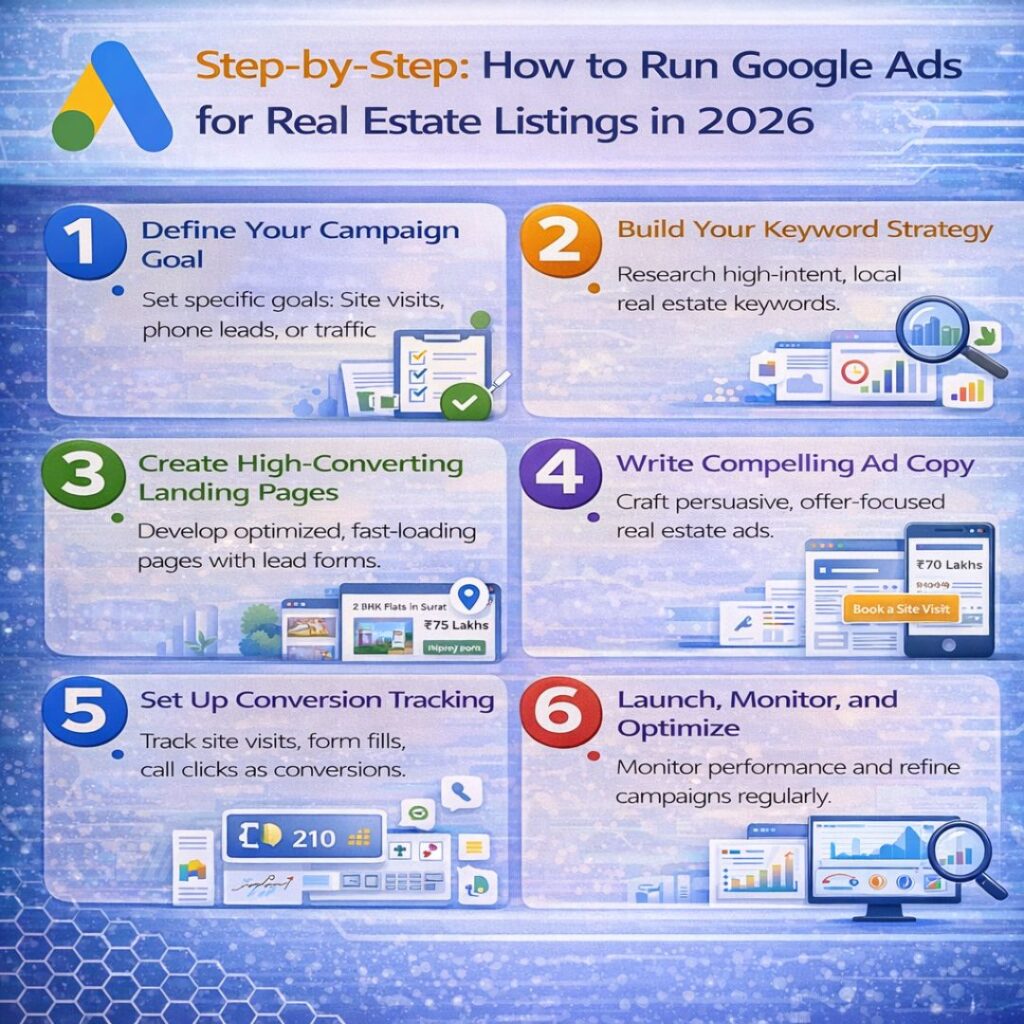 Step by step guide to run Google Ads for real estate listings in 2026 including keyword research, landing pages, ad copy, and conversion tracking
