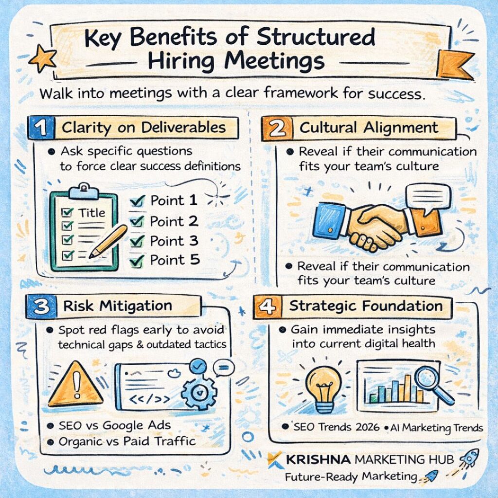 Key benefits of structured hiring meetings infographic showing clarity on deliverables, cultural alignment, risk mitigation, and strategic planning